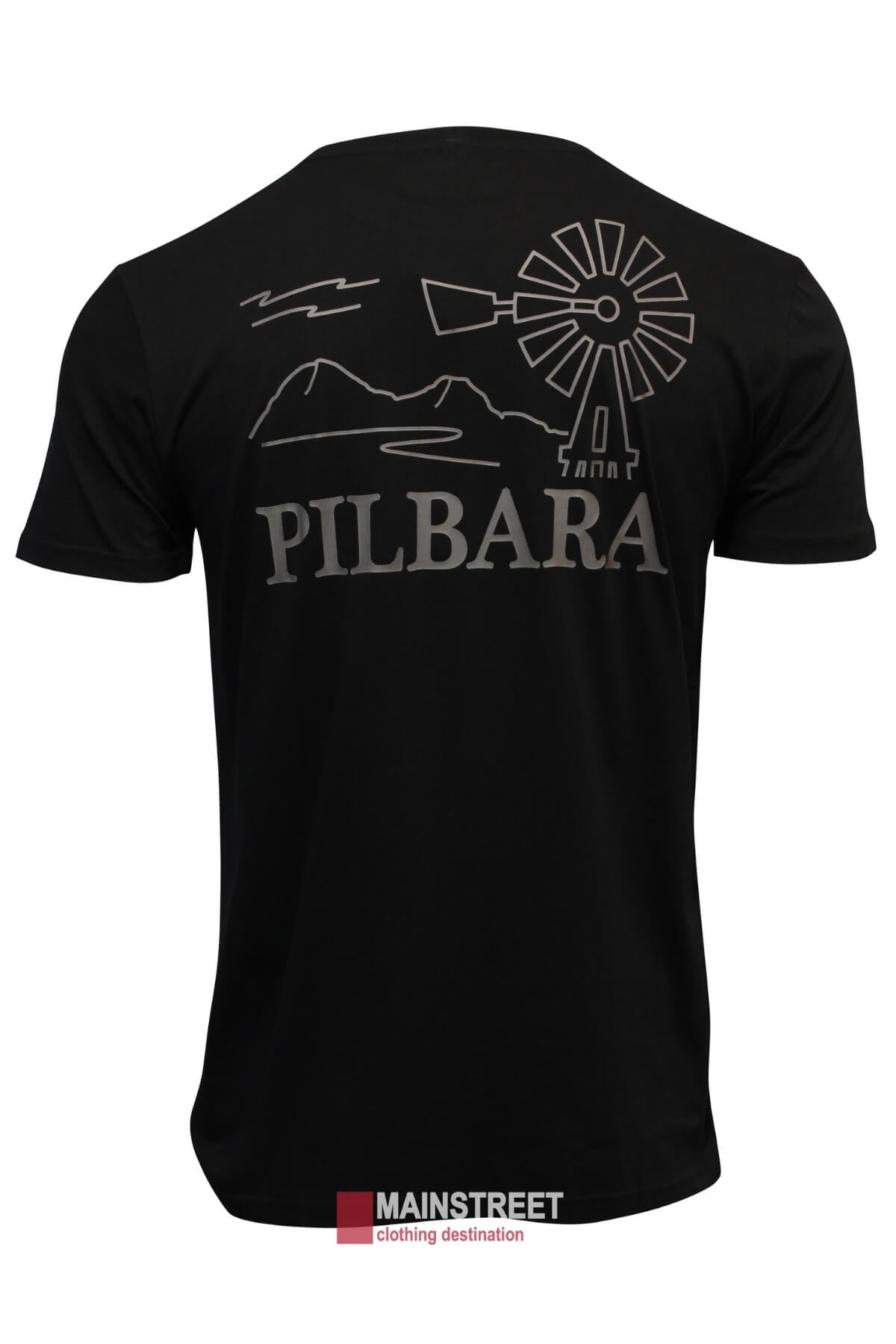 The Ritemate Pilbara T-Shirt is crafted from breathable cotton and showcases a stylized back design featuring a windmill, mountains, and "PILBARA," with a red and gray rectangular tag at the bottom that says "MAINSTREET clothing destination.