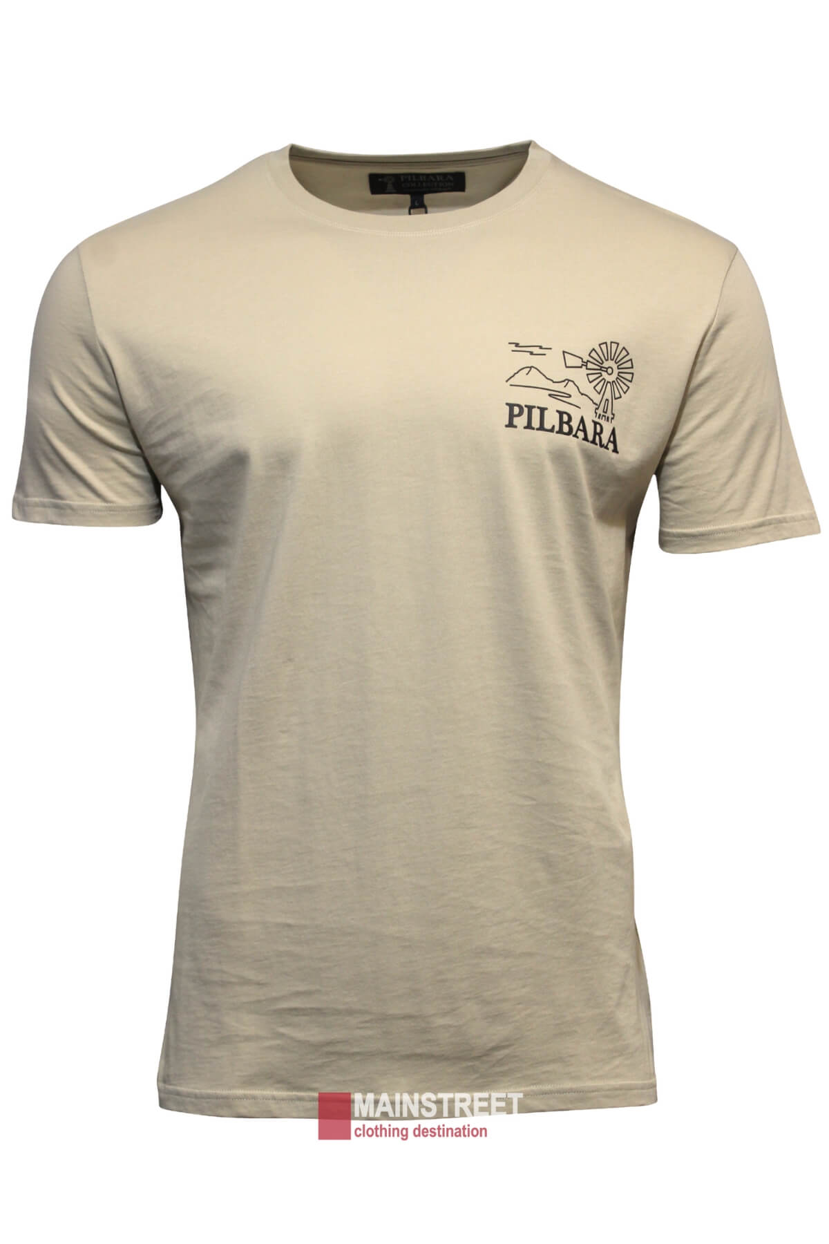 The Ritemate Pilbara T-Shirt is a beige, short-sleeve tee made from 100% breathable cotton, featuring a black windmill, plane, and mountains graphic and "PILBARA" printed on the left chest. Displayed on a plain white background.