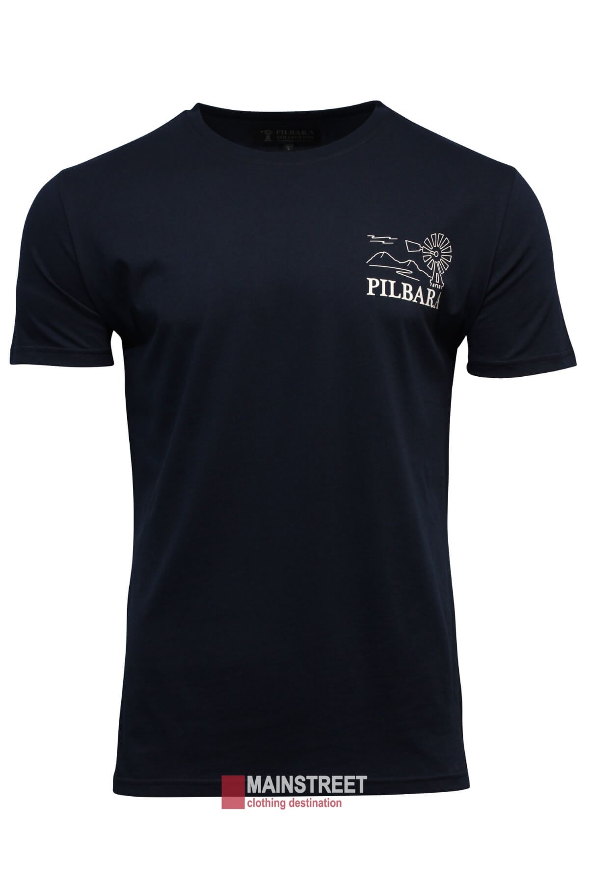 The Pilbara T-Shirt, in breathable cotton, features a classic crew neck. It displays "PILBARA" with a windmill and landscape on the upper left chest against a simple black background.