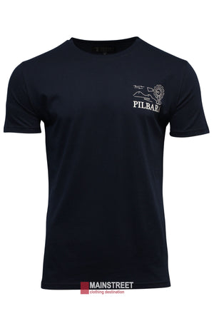 The Pilbara T-Shirt, in breathable cotton, features a classic crew neck. It displays "PILBARA" with a windmill and landscape on the upper left chest against a simple black background.