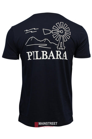 The Ritemate Pilbara T-Shirt in classic navy features a windmill and mountain graphic with "PILBARA" below, zigzag design, crafted from breathable cotton, and has a "MAINSTREET" label at the bottom.