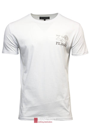 The Ritemate Pilbara T-Shirt displays a line-drawn windmill and landscape with "PILBARA" on the chest, crafted from breathable cotton, and finished with a red and gray "Mainstreet" tag at the hem.