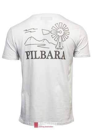 The Ritemate Pilbara T-Shirt is a white cotton tee featuring a minimalist mountain and windmill line drawing with "PILBARA" text on the back, combining comfort and style.