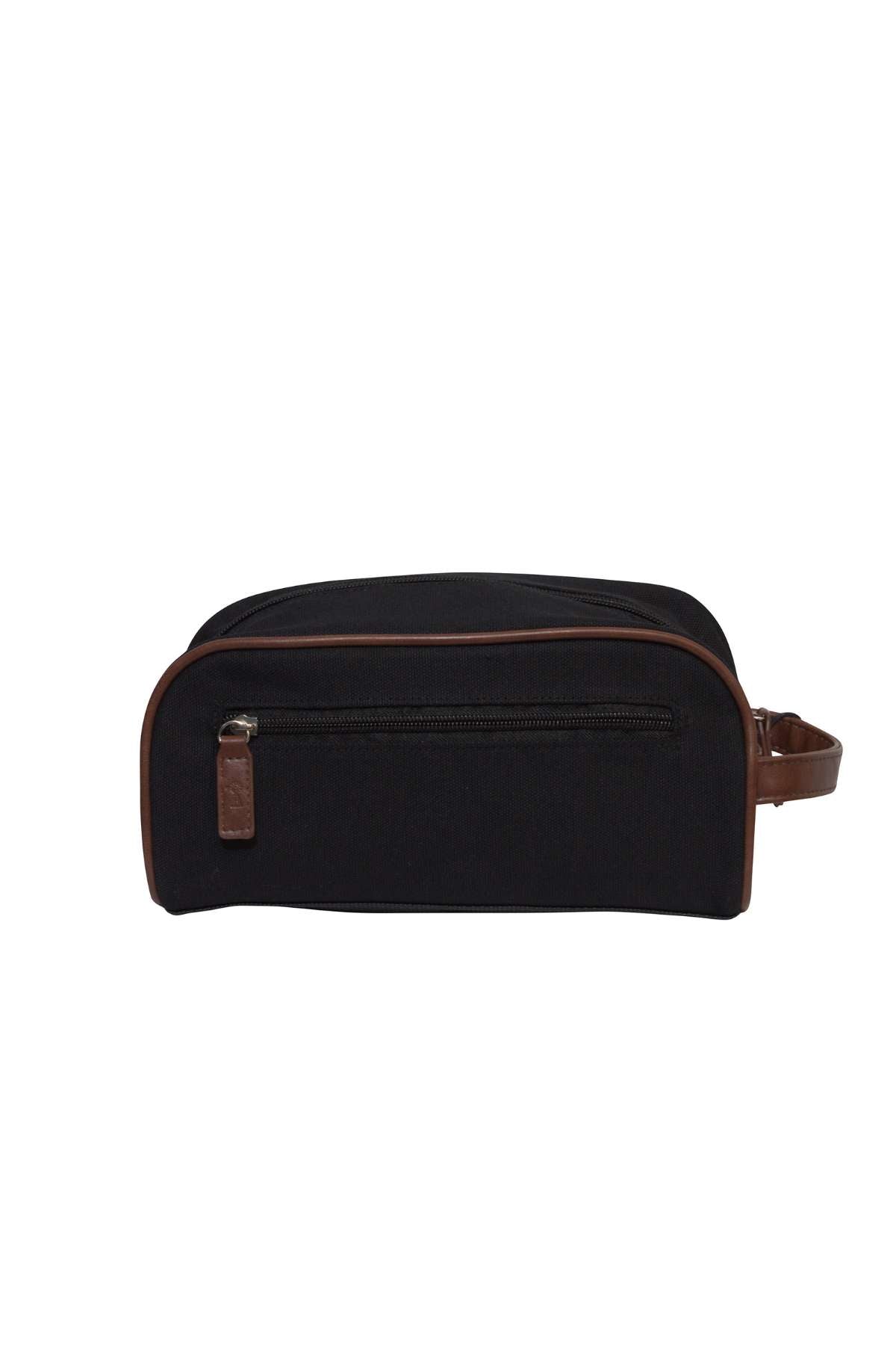 The Pilbara Toiletry Bag is a premium canvas black toiletry bag with brown accents and a leather handle on the right side. It features a small zippered pocket on the front and a main compartment with a zipper closure along the top, perfect for luxury travel.