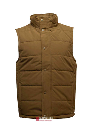 The Pilbara Vest is a brown, sleeveless quilted vest featuring polyfill padding for extra warmth and a high collar with snap button closure. This comfortable vest includes two front pockets, subtle horizontal stitching, and showcases the logo "MAINSTREET clothing destination" at the bottom center.