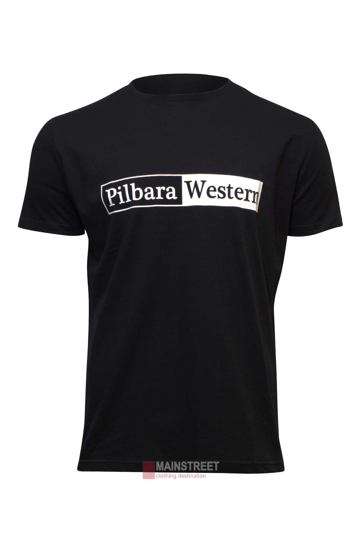 The Ritemate Pilbara Western Men's Short Sleeve T-Shirt is a black combed cotton jersey featuring bold white capital letters spelling "Pilbara Western," divided by a vertical line in the center, all enclosed within a rectangular border. At the bottom, it subtly showcases "MAINSTREET clothing destination" in small lettering.