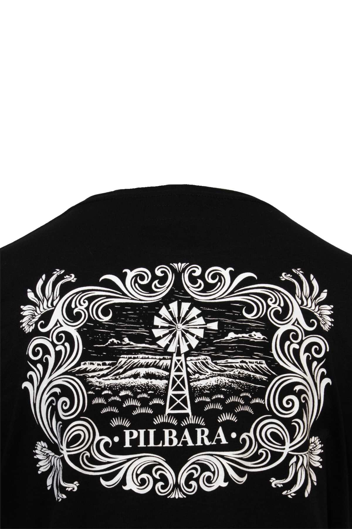 The Ritemate Pilbara Western Men's Short Sleeve T-Shirt is made from combed cotton jersey and boasts a detailed white graphic on the back. The design features a windmill at the center of a scenic landscape with hills and clouds, encircled by ornate patterns, and the text "PILBARA" at the bottom.