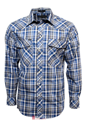 A long-sleeved, blue and white plaid button-up shirt with dual chest pockets and a pointed collar. This Ritemate Pilbara Western Mens Snap Button Long Sleeve Shirt showcases varying shades of blue intersected with white and black lines. Made from 100% ultra-fine cotton, the fabric is lightweight and ideal for casual wear.