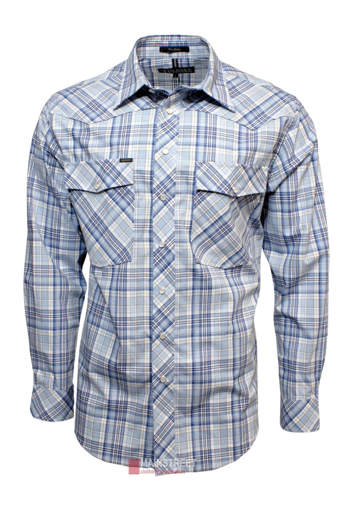 The Ritemate Pilbara Western Mens Snap Button Long Sleeve Shirt is designed in a classic check pattern featuring light blue, white, and grey. Crafted from Easy Care Ultra Fine Cotton, this shirt includes two chest pockets with buttons and a neatly folded collar.