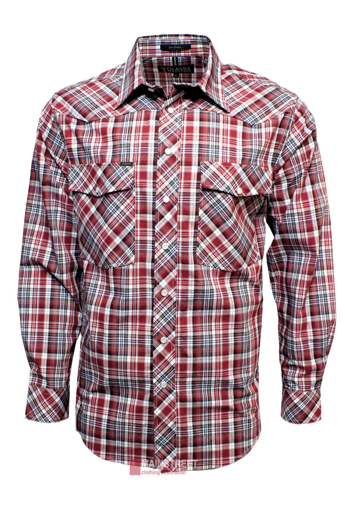 This Pilbara Western Snap Button Long Sleeve Shirt, featuring a red and white plaid design, is crafted from easy-care ultra-fine cotton, making it perfect for those seeking both style and convenience.