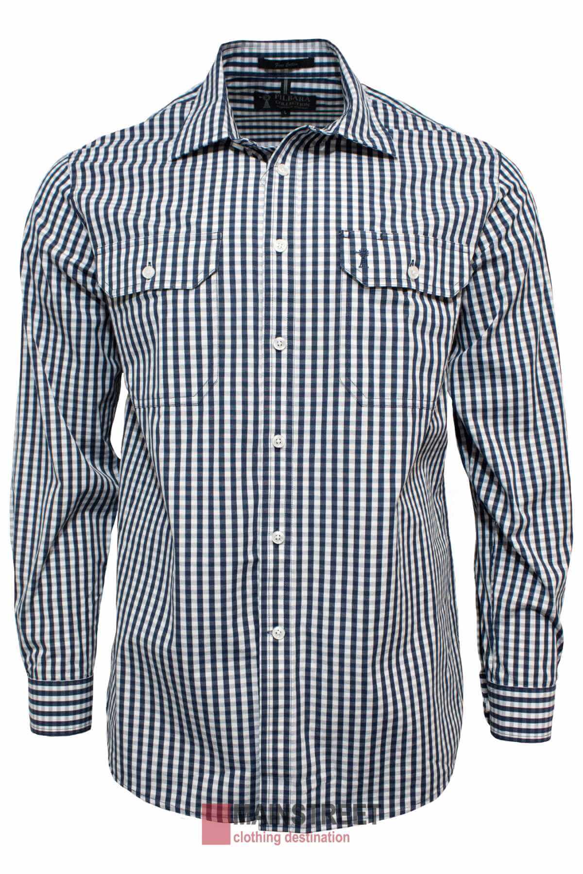 The Ritemate Pilbara Check Double Pocket Shirt is a long-sleeved, 100% cotton button-up shirt featuring a black and white gingham pattern. It includes two button-flap chest pockets and a pointed collar, making it ideal for enduring the tough Australian working conditions. Displayed on a white background with a logo at the bottom that reads "clothing destination.