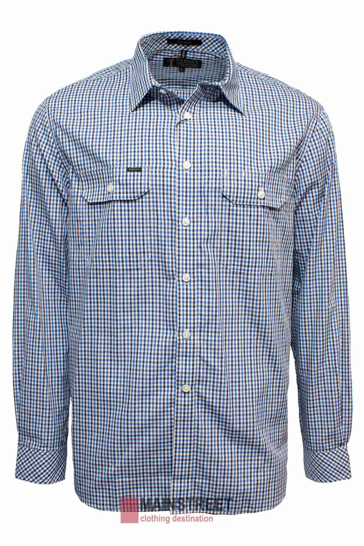 The Pilbara Check Double Pocket Shirt, ideal for Australian work environments, is a blue and white checkered long-sleeve shirt. It has two button-closure chest pockets, a collar, and is crafted with a cotton finish against a plain white backdrop.