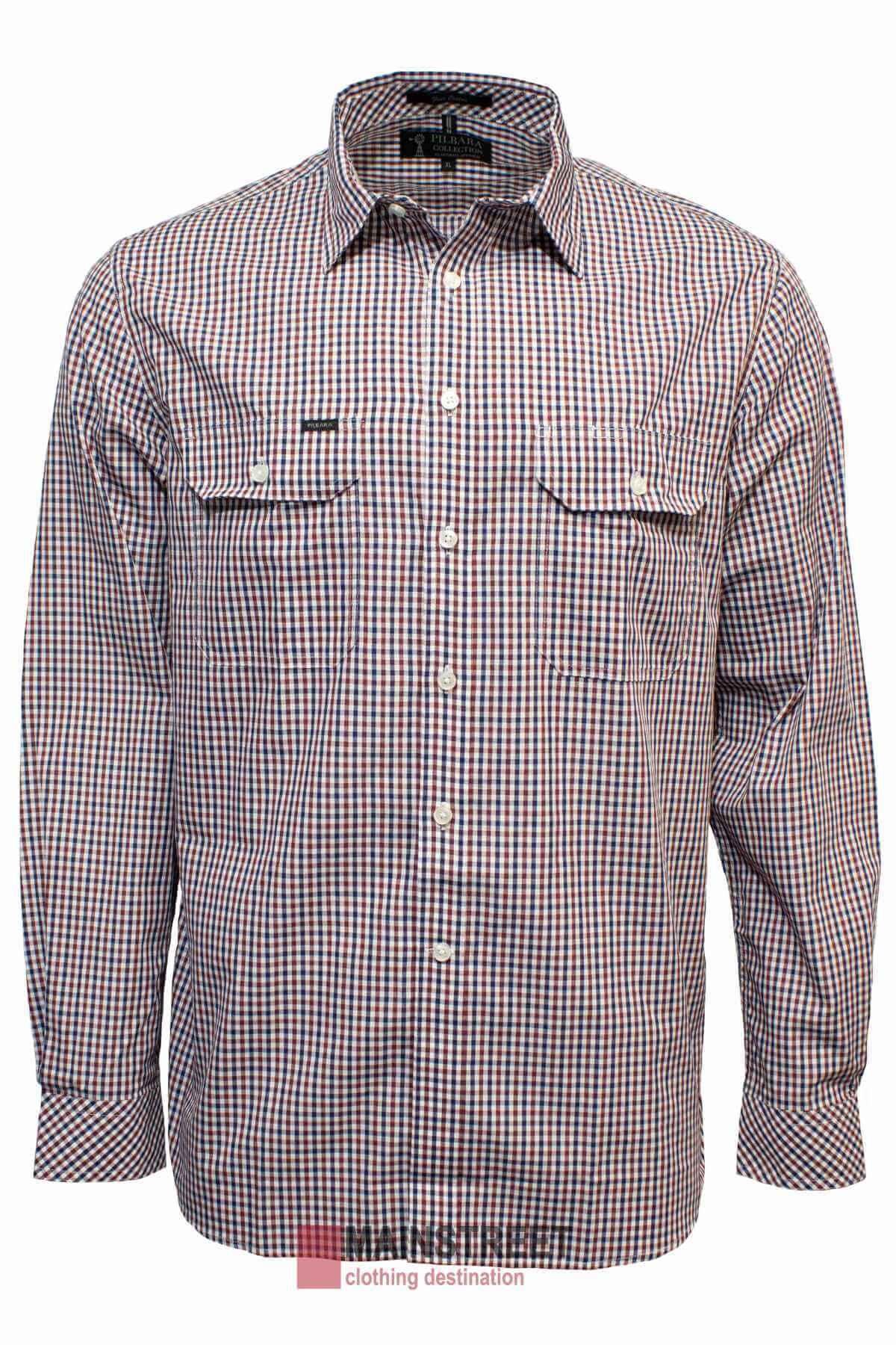 The Pilbara Check Double Pocket Shirt is a long-sleeve, button-up work shirt with a small red, blue, and white checkered pattern. It includes two chest pockets with buttons and a soft cotton finish, making it ideal for Australian working conditions.