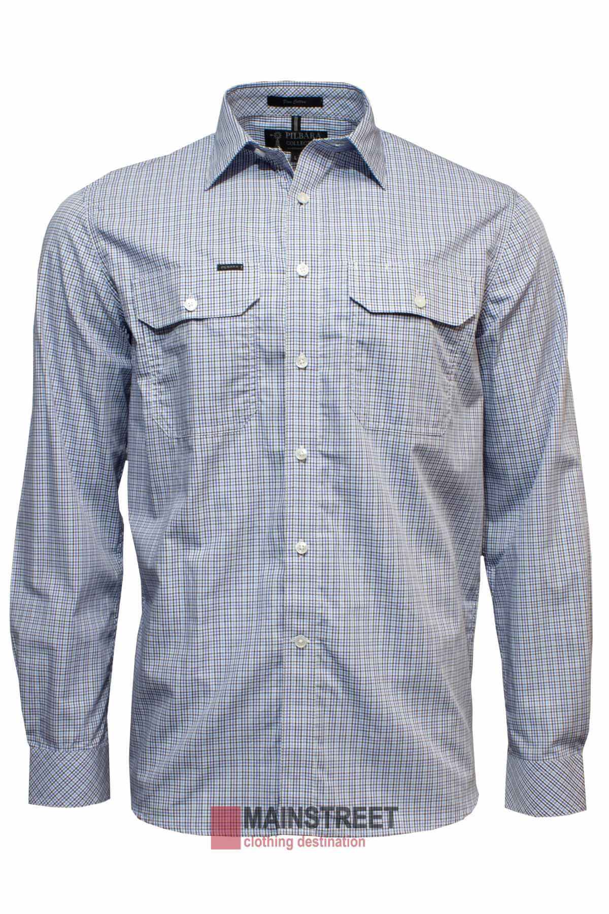 The Pilbara Check Double Pocket Shirt is a blue and white checkered long-sleeve button-up work shirt made from ultra-fine cotton, featuring two chest pockets and a small tag above one pocket, designed for comfort and durability in Australian working conditions.