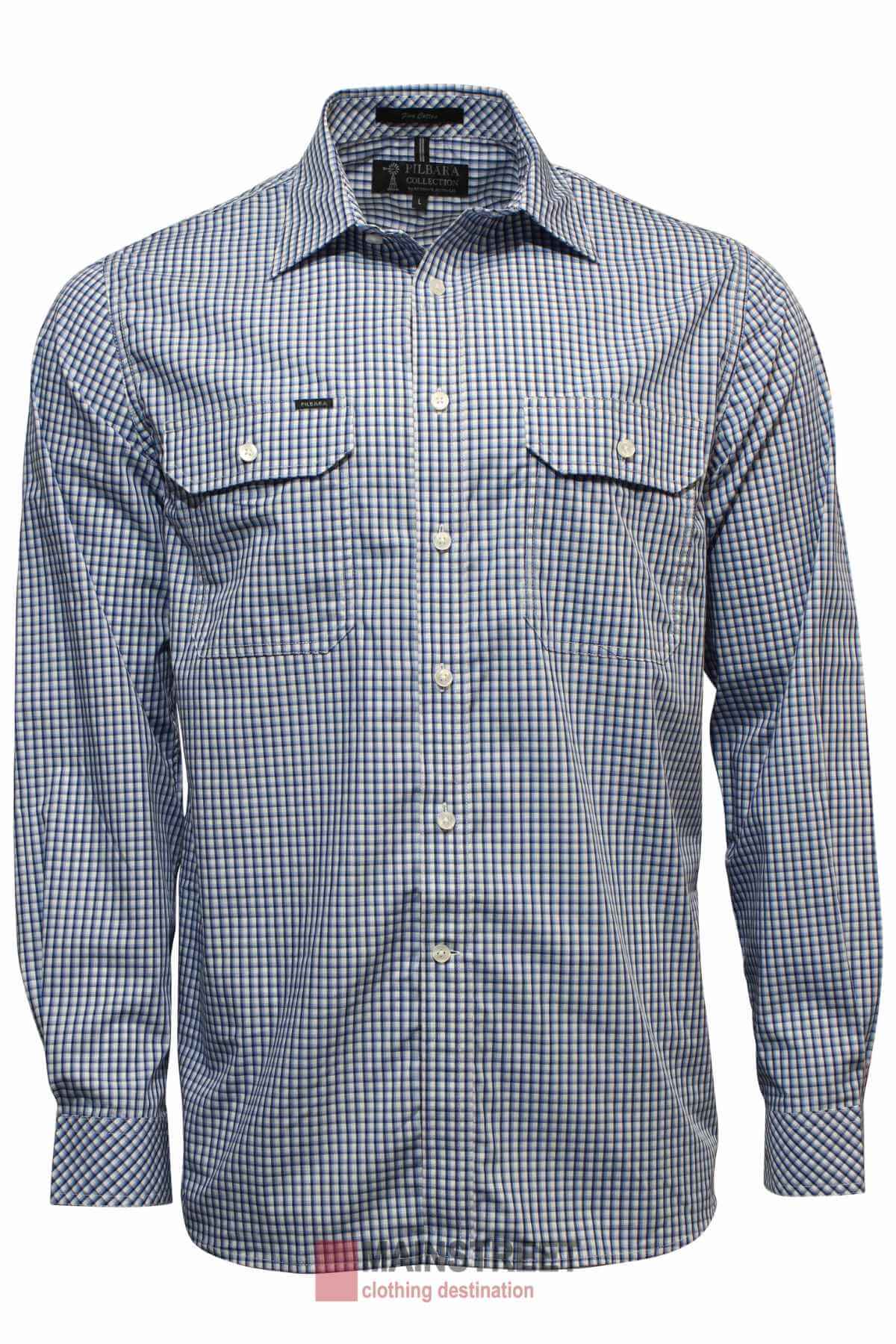 The Ritemate Pilbara Check Double Pocket Shirt, featuring a blue and white checkered design, includes buttoned chest pockets, a collar, and front white buttons. Crafted for Australian working conditions, it offers a comfortable cotton finish.