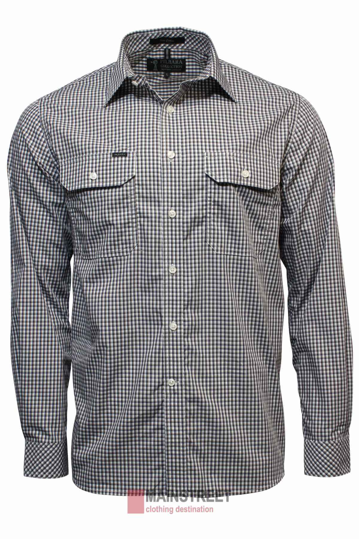 The Ritemate Pilbara Check Double Pocket Shirt features long sleeves, a button-up front, black and white check pattern, collar, dual chest pockets with flaps, and white buttons. Made from durable cotton for tough Australian conditions. Displayed on a plain background.