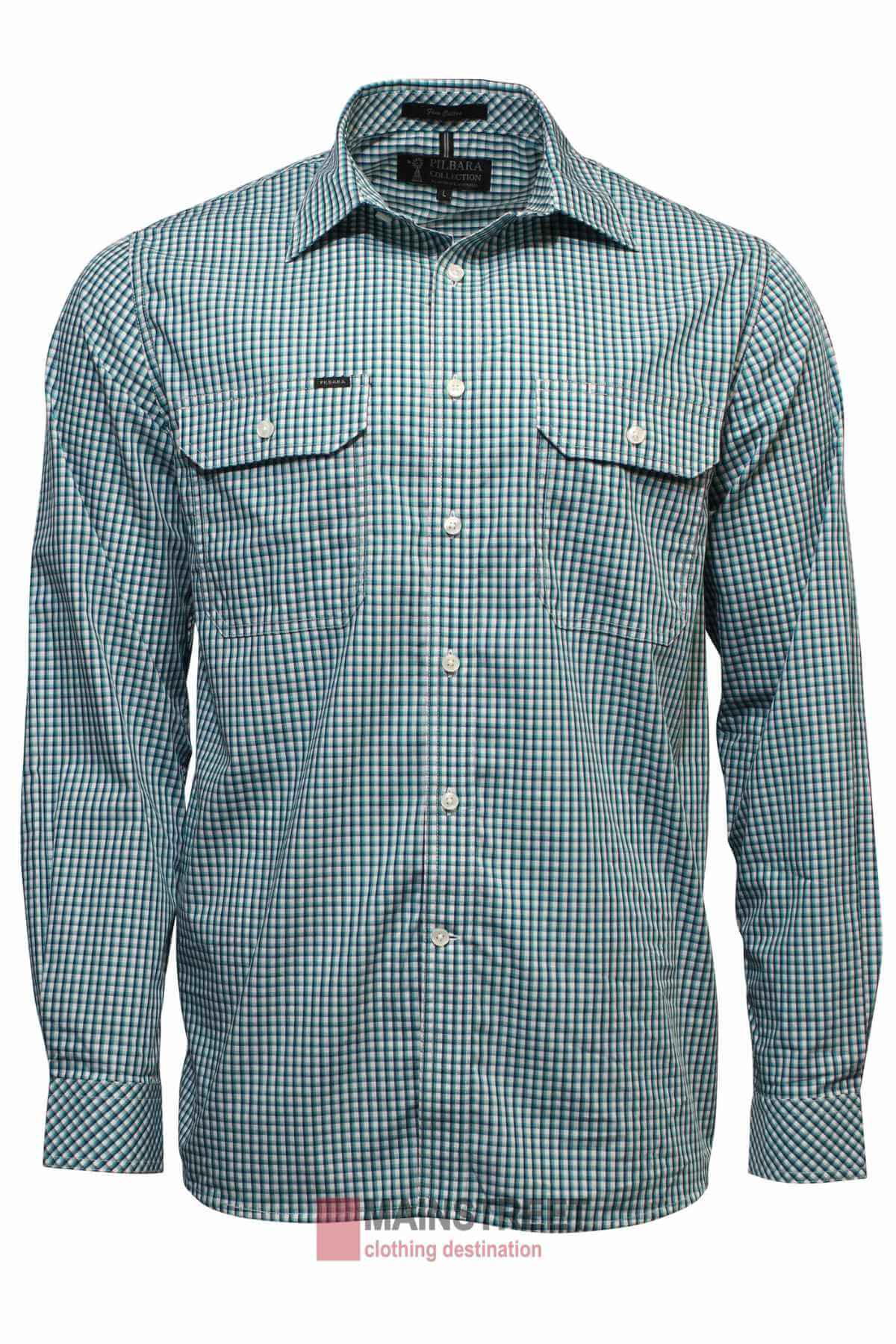The Ritemate Pilbara Check Double Pocket Shirt is a long-sleeved, green and blue checkered men's work shirt featuring a collar, button-up front, dual chest pockets with flaps, and a soft cotton finish, ideal for Australian working conditions.