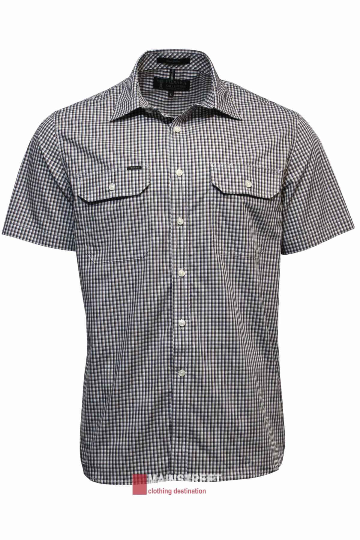 The Pilbara Short Sleeve Check Double Pocket Shirt features a small black and white check pattern, front chest pockets, and a collar. Made from comfortable, durable peachy cotton, it's displayed on a plain white background.