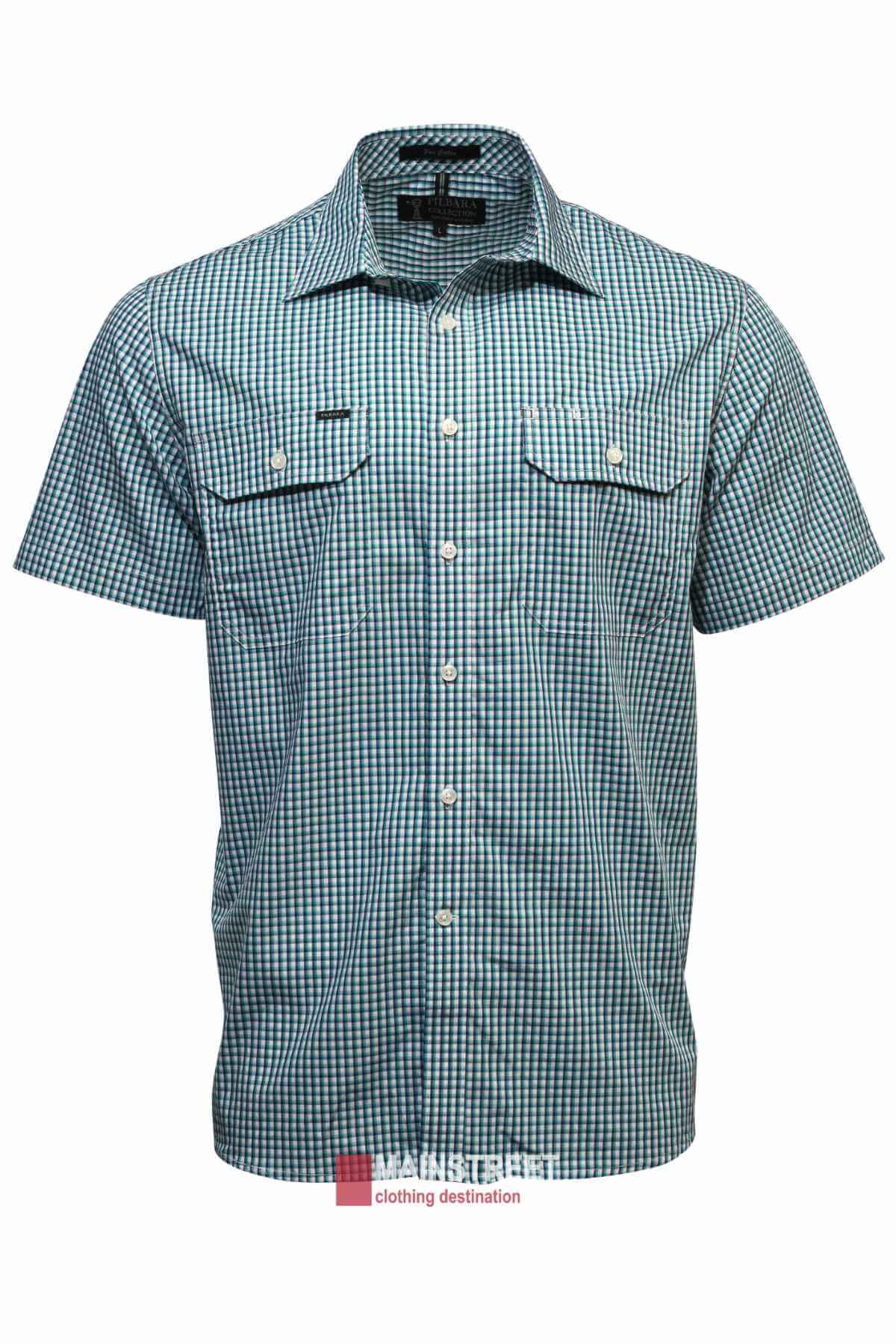 The Pilbara Short Sleeve Check Double Pocket Shirt is a blue and white checkered button-up designed for Australian work conditions, featuring a durable cotton finish and two chest pockets with button closures.