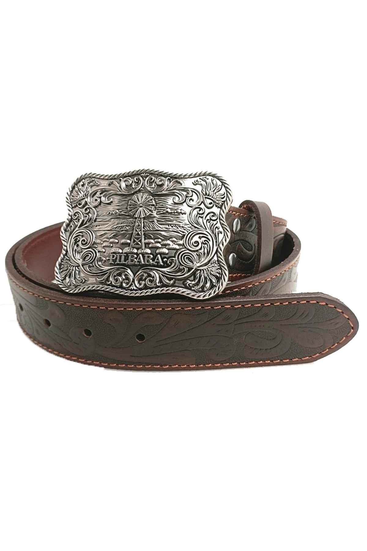 Ritemate Pilbara Western Rodeo Buckle Tooled Leather Belt - Dark Brown - Image of belt with large silver belt buckle in focus