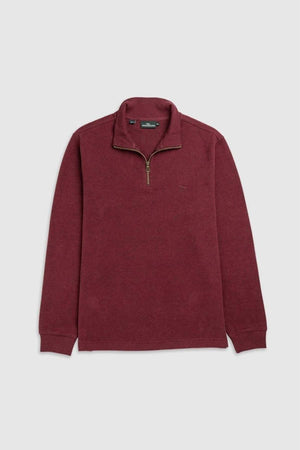 The Rodd & Gunn Alton Ave Sweat in maroon features long sleeves, a quarter-zip collar, subtle stitching, and ribbed cuffs, shown on a light gray background.