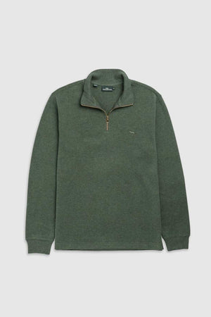 The Rodd & Gunn Alton Ave Sweat is an olive green quarter-zip pullover with a small embroidered logo on the left chest. Made from 100% cotton, it has a standing collar, long sleeves, and ribbed cuffs. A gold zipper contrasts elegantly with the fabric for a classic design.