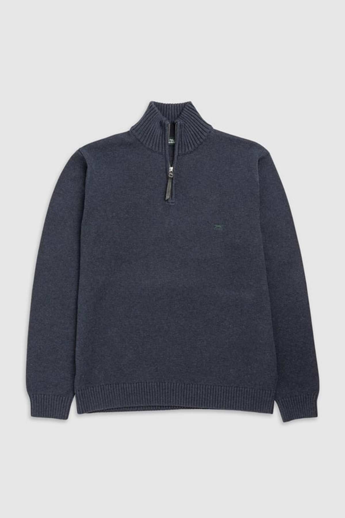 The Rodd & Gunn Merrick Bay Knit is a dark grey, long-sleeved sweater that features a high ribbed collar and a half-zipper front closure. Made from 100% cotton soft, knitted fabric, it has a slightly fitted design and comes with a premium YKK zip. Additionally, there is a small, subtle logo embroidered on the left chest.