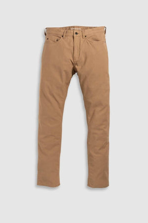 The Rodd & Gunn Motion 2 Straight Jean in brown is laid flat on a white surface. Made from comfort stretch motion fabric, these jeans allow for ease of movement and feature a classic five-pocket design with a YKK zip fly and button closure, offering both style and functionality.