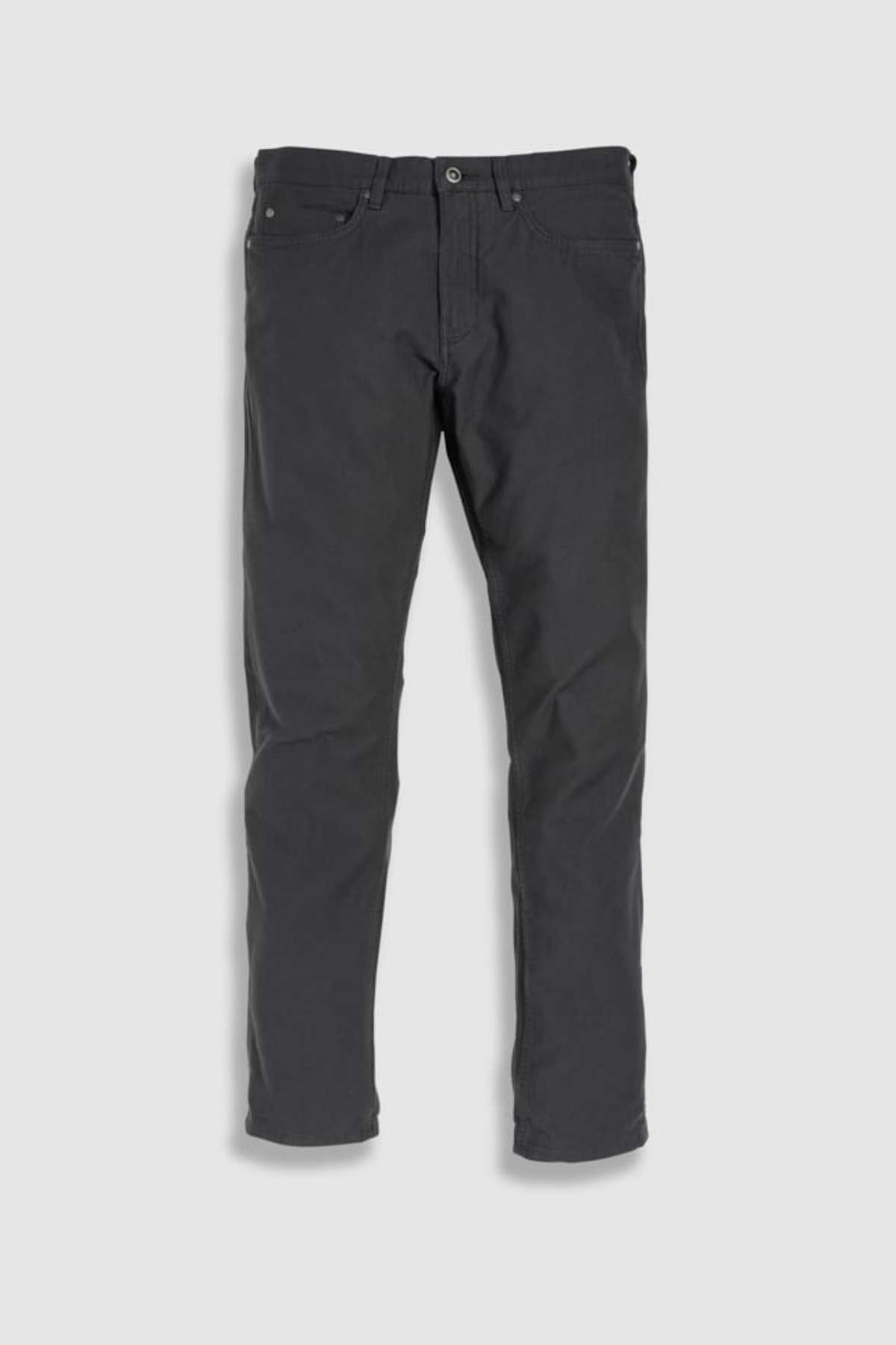 The Rodd & Gunn Motion 2 Straight Jean in dark grey features a slim fit with comfort stretch fabric, a durable YKK zip fly, button closure, and pocket details—all on a plain white background.