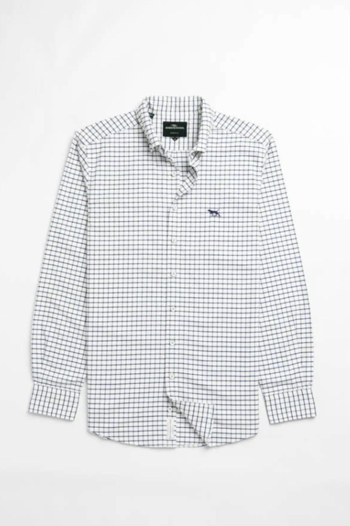 The Rodd & Gunn Gunn Check Oxford 3 Sports Fit Shirt is a long-sleeved, button-up with navy blue and green checks on white, plus an embroidered logo on the left chest. It's shown laid flat on a white surface.