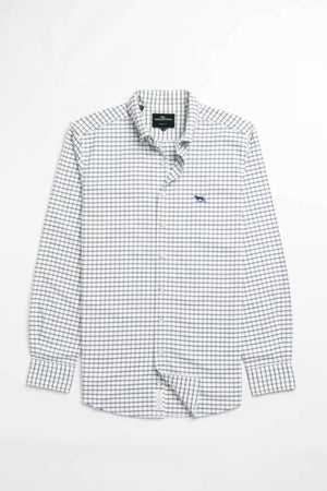 The Rodd & Gunn Gunn Check Oxford 3 Sports Fit Shirt is a long-sleeved, button-up with navy blue and green checks on white, plus an embroidered logo on the left chest. It's shown laid flat on a white surface.