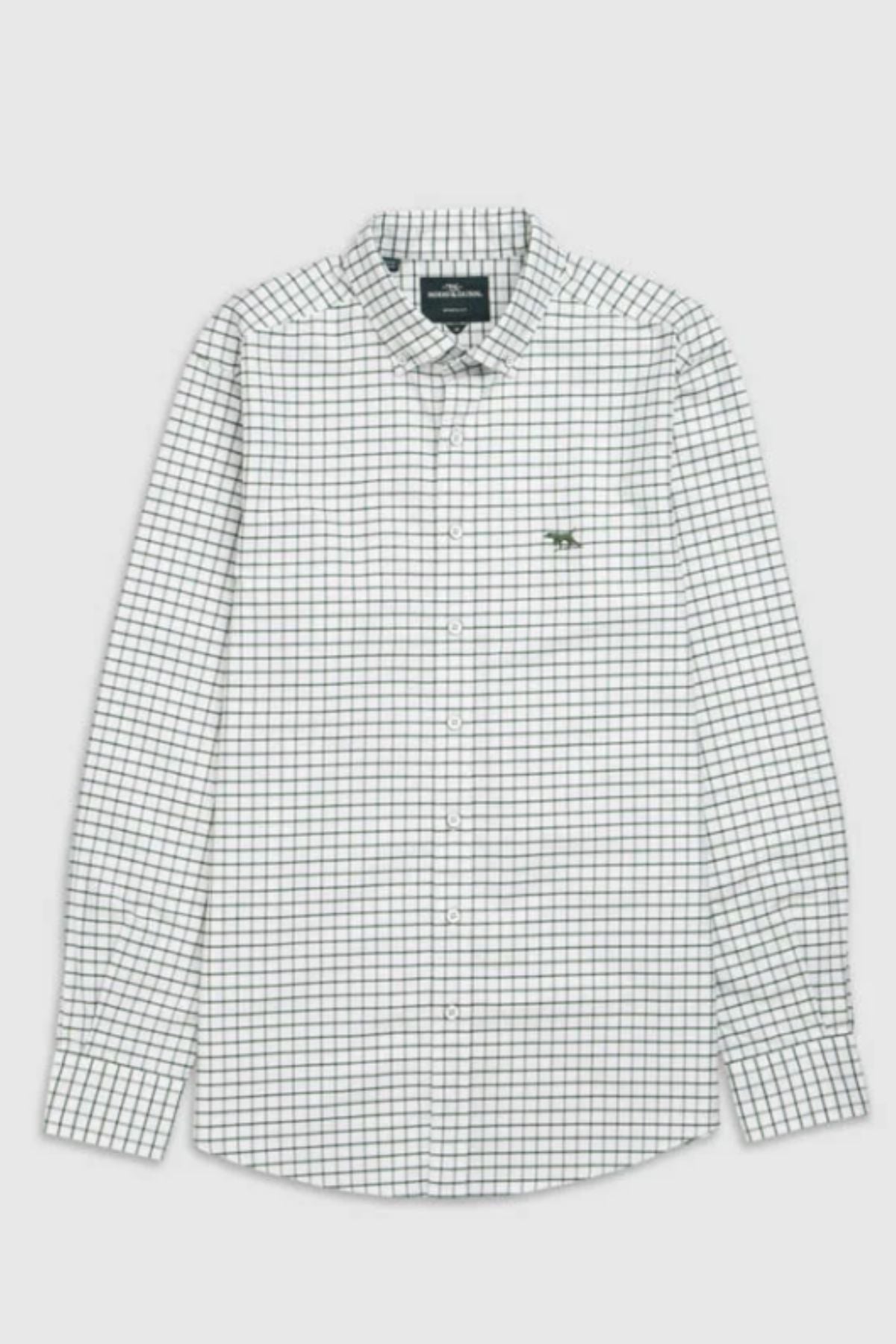 The Rodd & Gunn Gunn Check Oxford 3 Sports Fit Shirt is a long-sleeved, white Australian cotton shirt with a green and navy check pattern and an embroidered logo on the left chest.