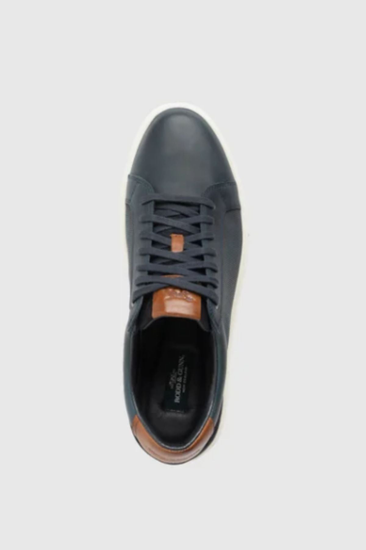 The Rodd & Gunn Transit Sneaker features navy blue leather with brown leather accents on the tongue and heel, black laces, and a white sole, displayed from above on a light gray background.