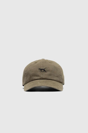 The Rodd & Gunn Gunn Cap, in khaki heavy-duty cotton twill with a small black embroidered animal on the front, is shown against a plain light grey background—a versatile accessory for any wardrobe.