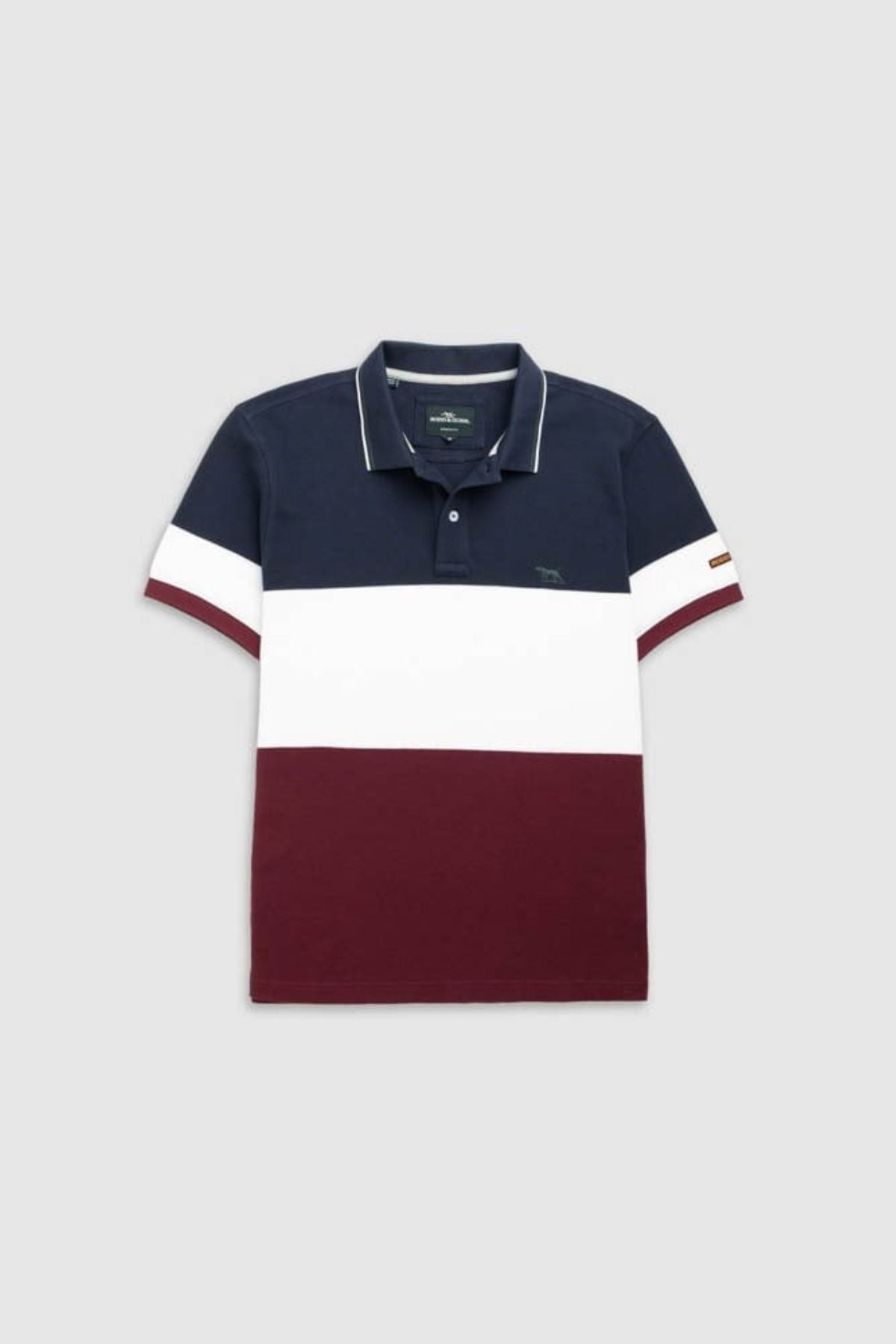 The Rodd & Gunn Homebay Polo is a sustainable, short-sleeve pique knit shirt with navy blue, white, and maroon stripes, a collar, and an embroidered chest logo—shown laid flat on a gray background.
