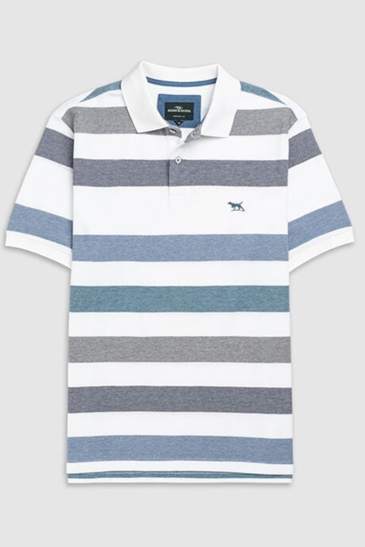 The Rodd & Gunn Newbridge Polo is a short-sleeved Australian cotton shirt with blue, gray, and white horizontal stripes. It features a white collar, button placket, and a small embroidered animal logo on the left chest.