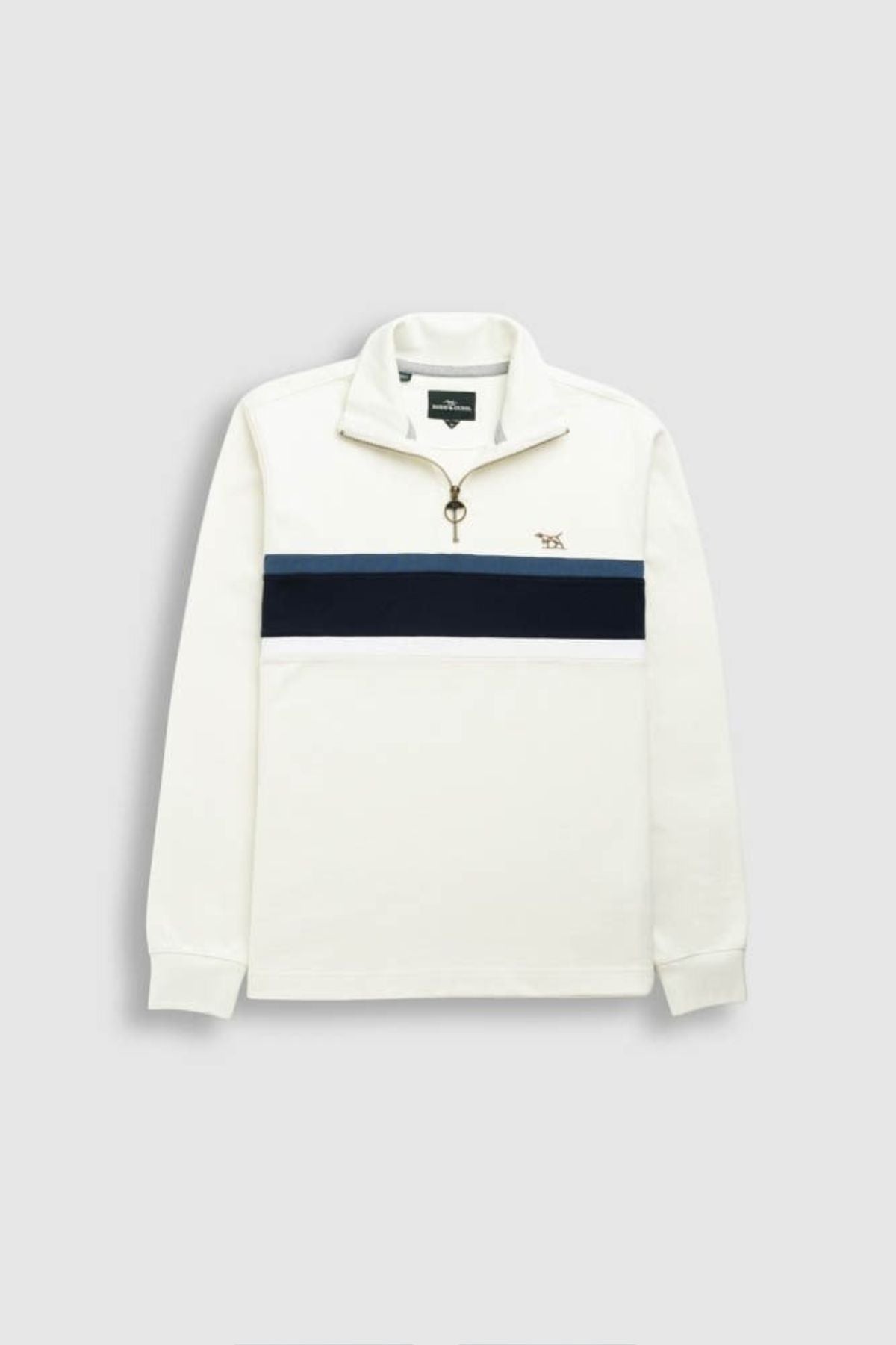 The Rodd & Gunn Chesterfield Sweat is a white long-sleeve quarter-zip pullover with light blue and navy stripes, a small embroidered dog logo, and is made from eco-friendly Good Earth Cotton.