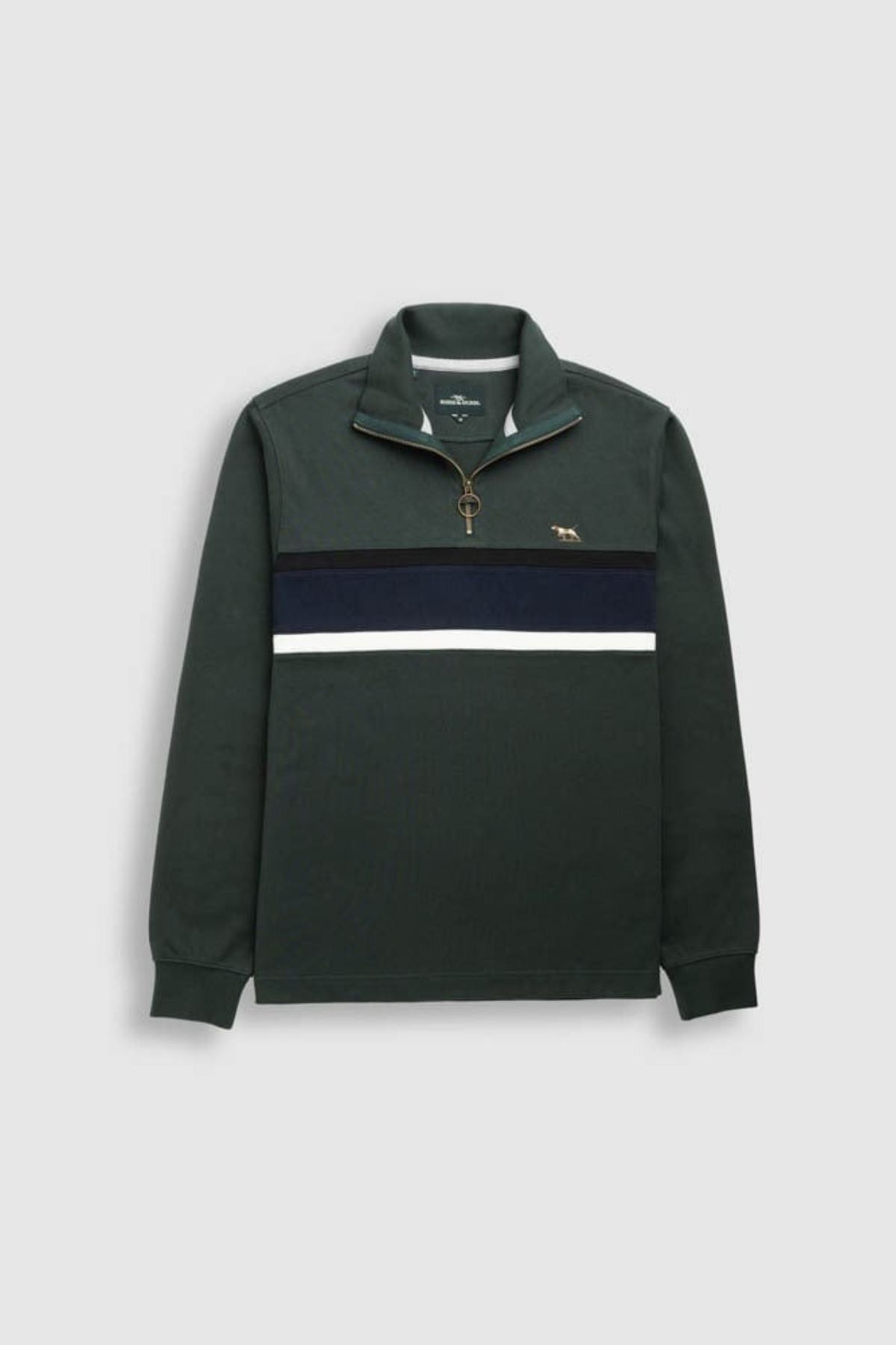 The Rodd & Gunn Chesterfield Sweat is a dark green quarter-zip with a stand-up collar, navy and white chest stripe, and small animal logo—crafted from eco-friendly Good Earth Cotton for conscious style.