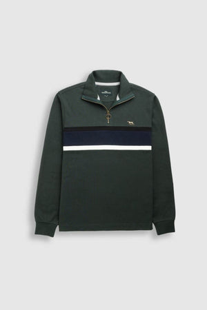 The Rodd & Gunn Chesterfield Sweat is a dark green quarter-zip with a stand-up collar, navy and white chest stripe, and small animal logo—crafted from eco-friendly Good Earth Cotton for conscious style.