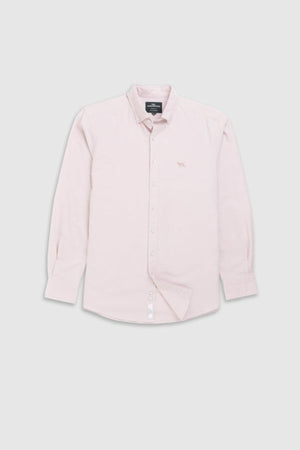 The Rodd & Gunn Gunn Oxford Sports Fit Shirt, in light pink 100% cotton with long sleeves, a collar, buttoned cuffs, and an embroidered chest logo, is shown against a plain light gray background.