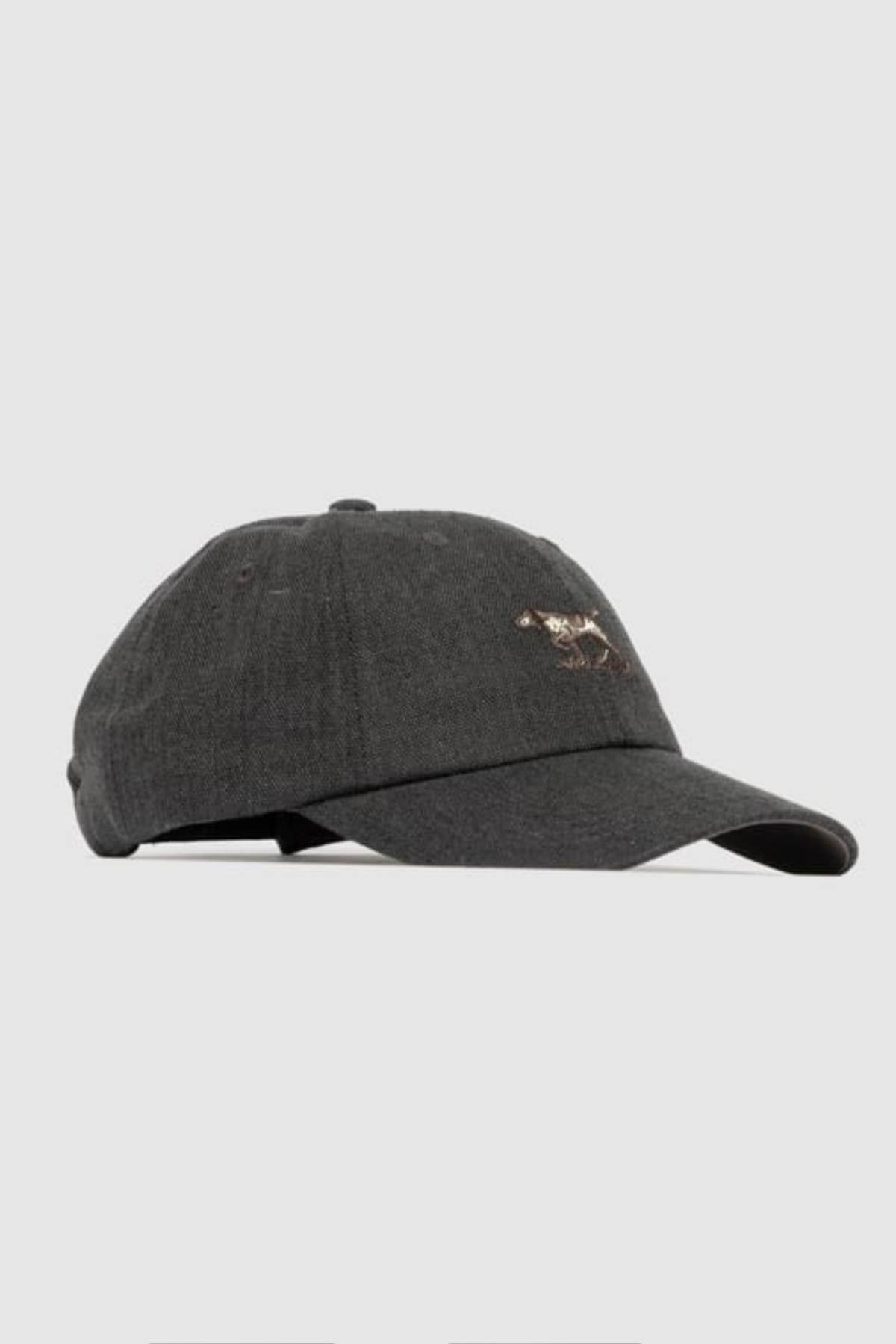 The Rodd & Gunn Signature Cap is a dark gray cotton twill cap with a curved brim, small embroidered animal logo on the front, and an adjustable strap, shown against a plain light gray background.
