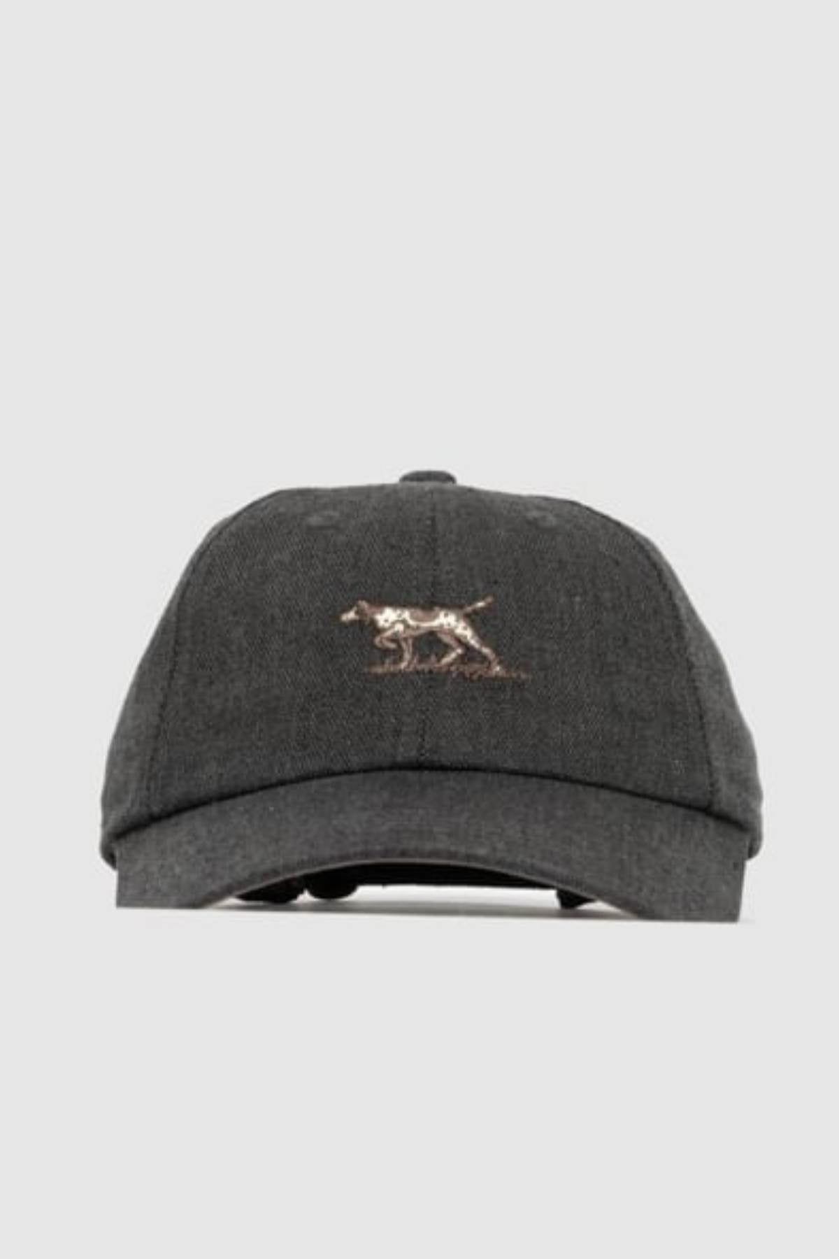 The Rodd & Gunn Signature Cap is a dark gray cotton twill baseball cap with an embroidered dog on the front, displayed against a plain light gray background.