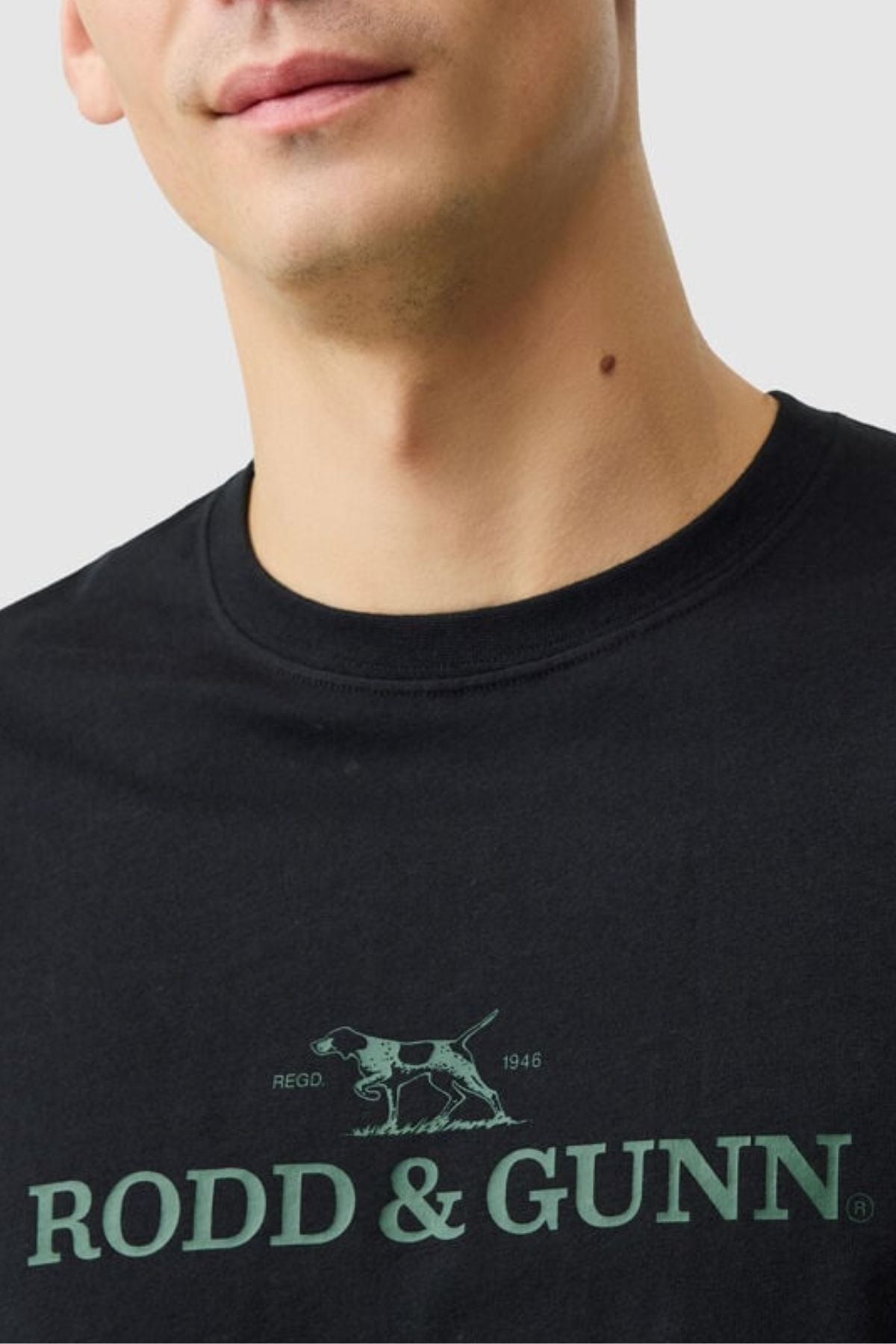 A person wears the Rodd & Gunn The Logo Tee 2.0, a black men's t-shirt featuring a green dog emblem and "RODD & GUNN" text on the front. Only the lower half of the face and upper torso are visible. Perfect for casual style.