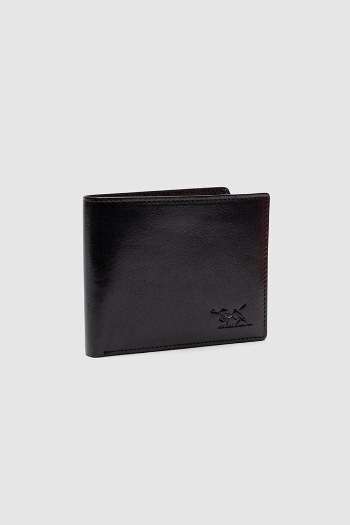 The Rodd & Gunn Wakefield Bi-Fold Wallet, crafted from black Italian leather, stands upright on a light gray background with a subtle embossed horse and rider logo in the lower right corner.