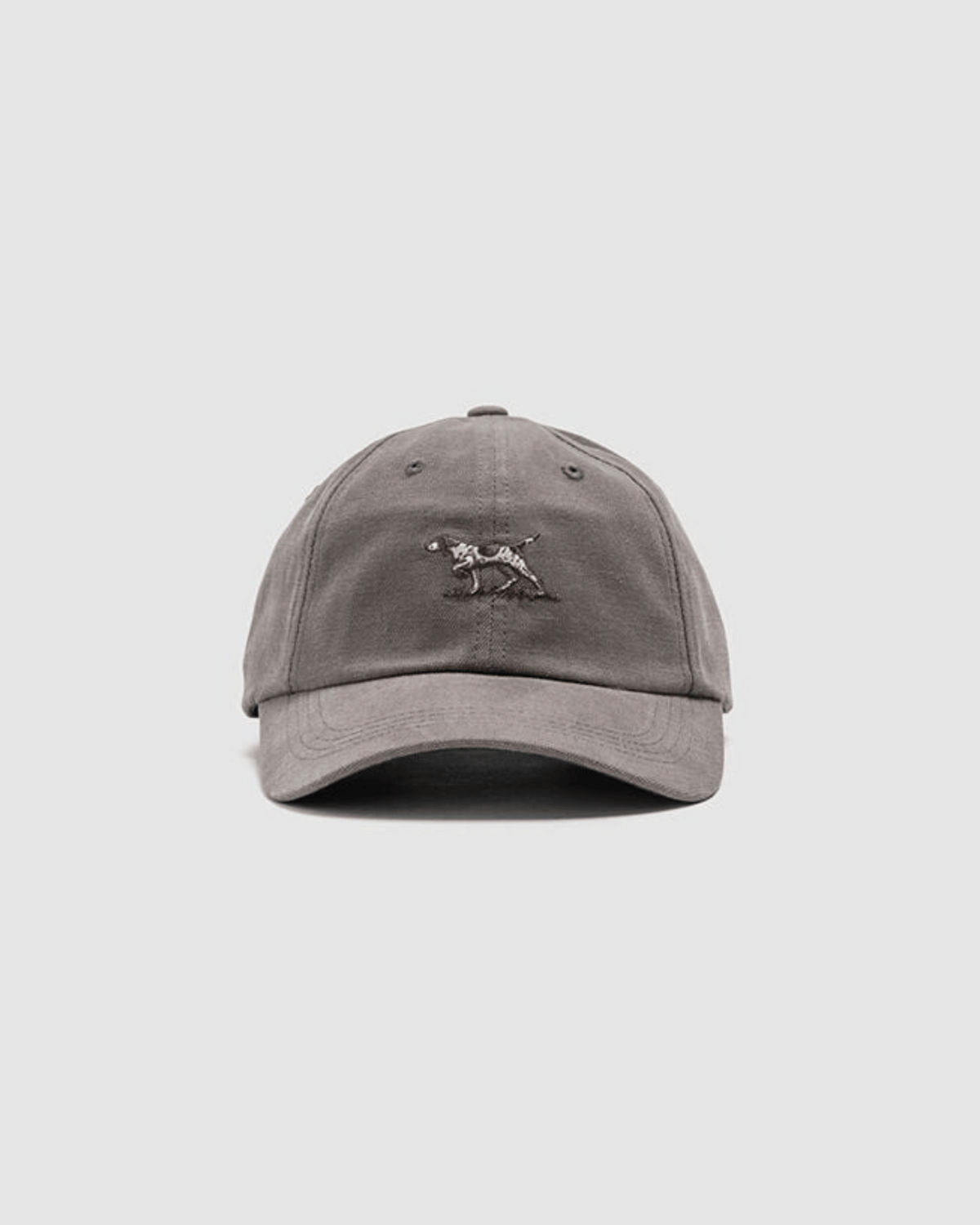 The Rodd & Gunn Signature Cap is a gray cotton twill baseball cap with an embroidered running dog on the front, shown against a plain light gray background.