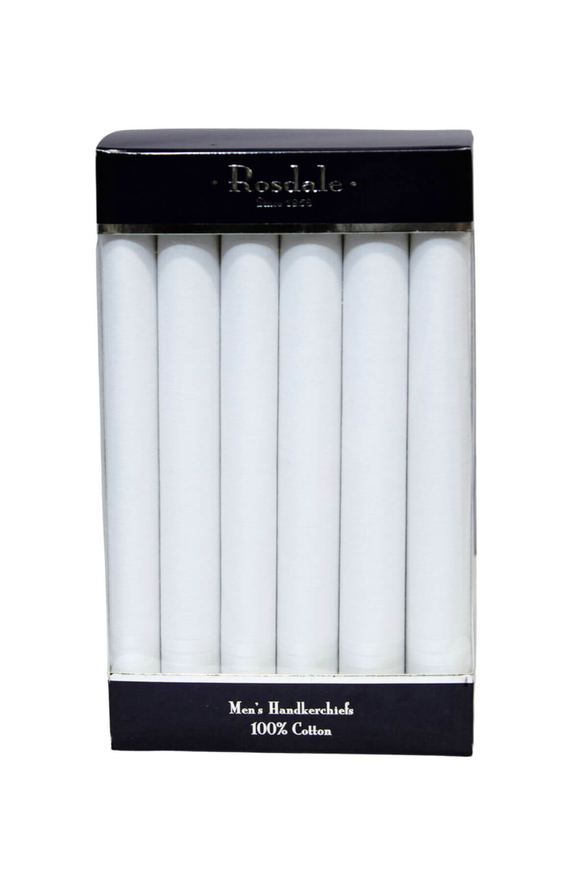 The "Rosdale Box Set Hankies 6pk" includes six white cotton handkerchiefs, elegantly presented in sleek black packaging with "Rosedale" labeled at the top. Perfect as a gift for men, the bottom of the box is marked with "Men's Handkerchief" and "100% Cotton.