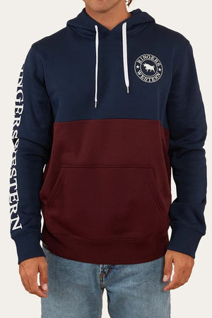 Someone wearing the Ringers Western Hahndorf Hoodie featuring a navy top, maroon bottom, white drawstrings, "Ringers Western" sleeve text, bull chest logo, and a kangaroo pocket.
