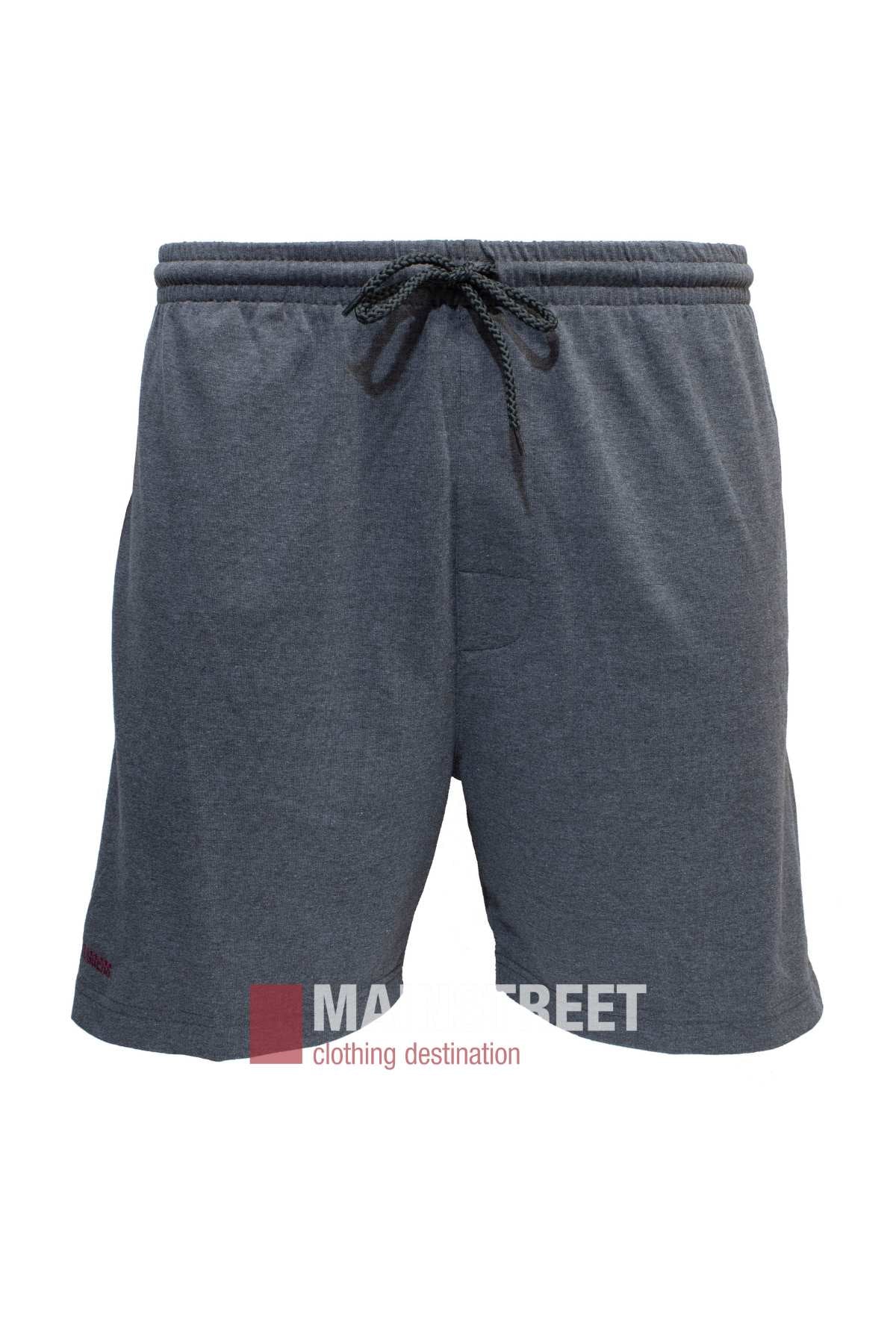 The Ruggers Jersey Knit Sweat Short for men features a gray polyester/cotton blend, elastic waistband, and black drawstring. Shown on a white background with part of the Main Street Clothing Destination logo visible at the bottom.