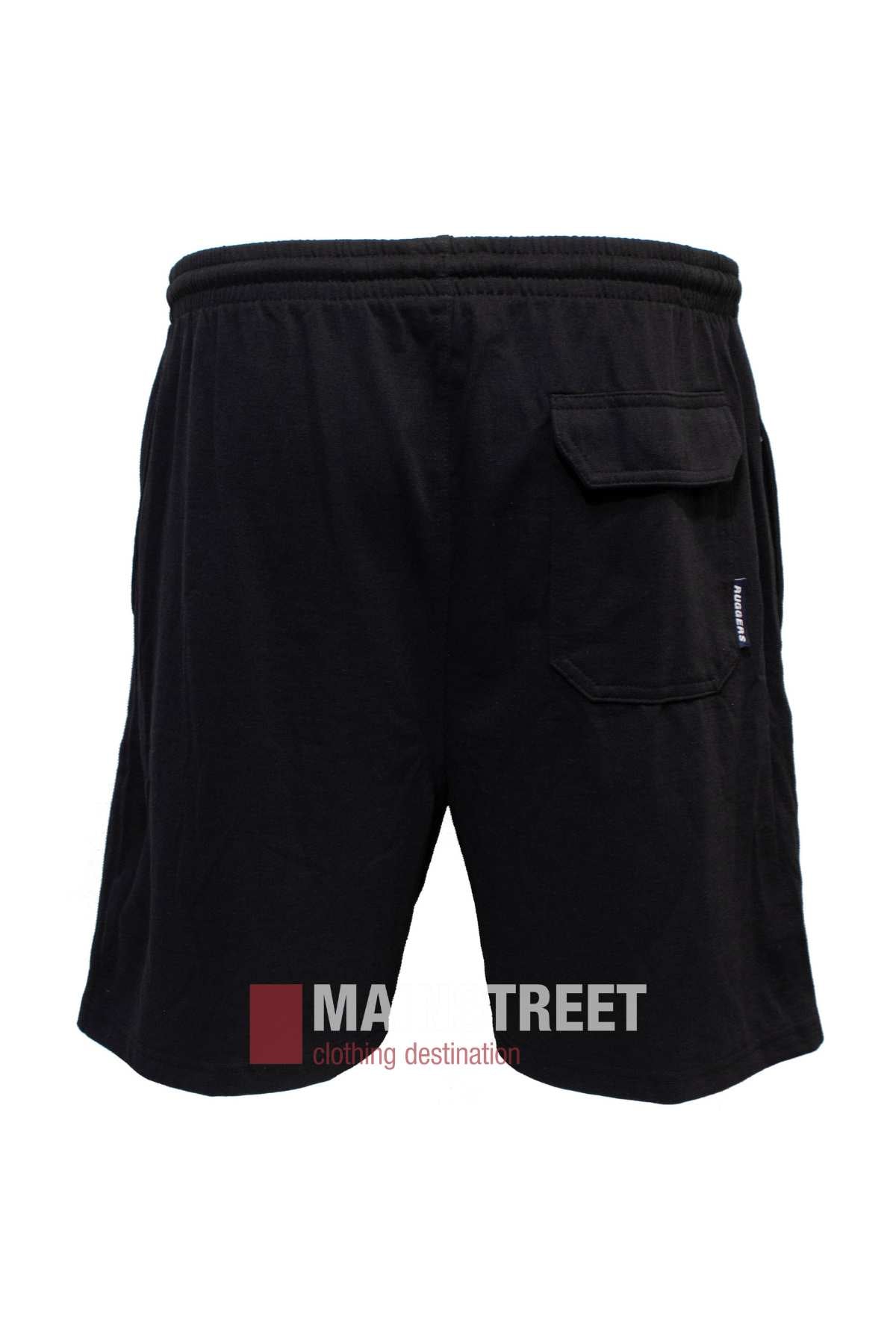 Ruggers Jersey Knit Sweat Shorts in black feature a relaxed fit, crafted from comfortable polyester/cotton fabric, with an elastic waistband and a right-side pocket adorned with a small logo tag.