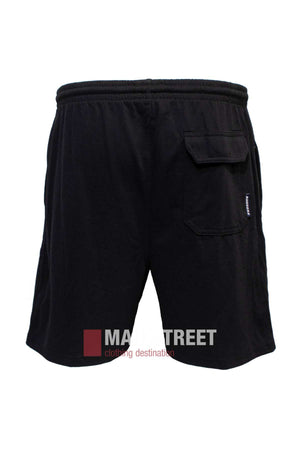 Ruggers Jersey Knit Sweat Shorts in black feature a relaxed fit, crafted from comfortable polyester/cotton fabric, with an elastic waistband and a right-side pocket adorned with a small logo tag.